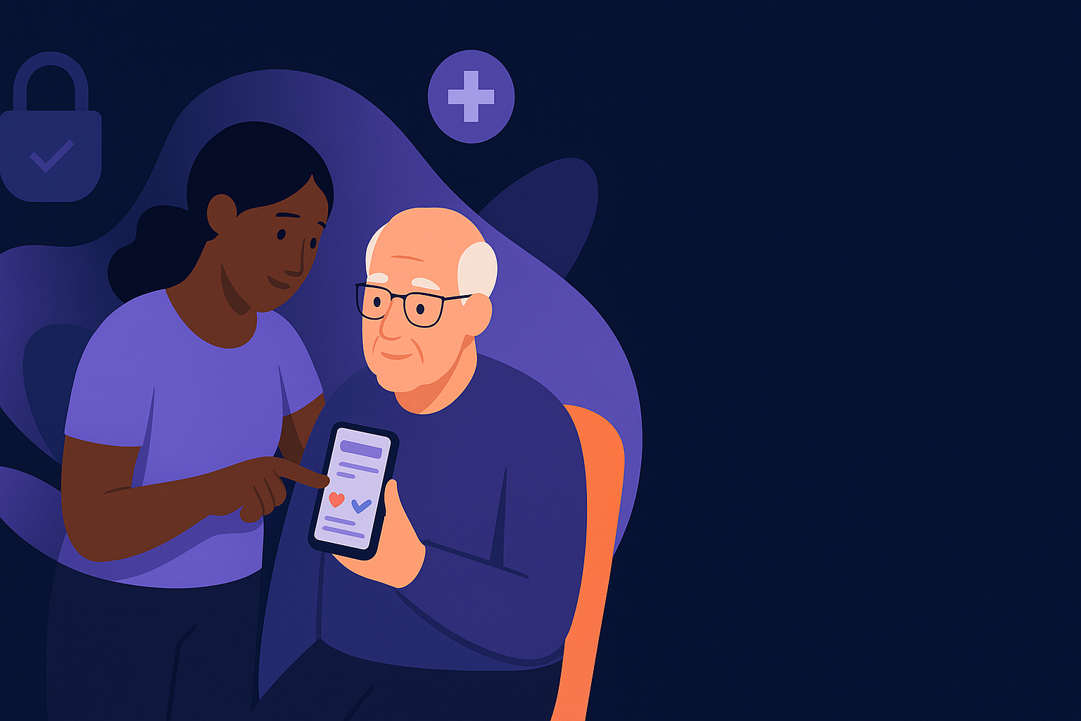 Caregiver helping an older adult use a simple, private health tracker on a phone.